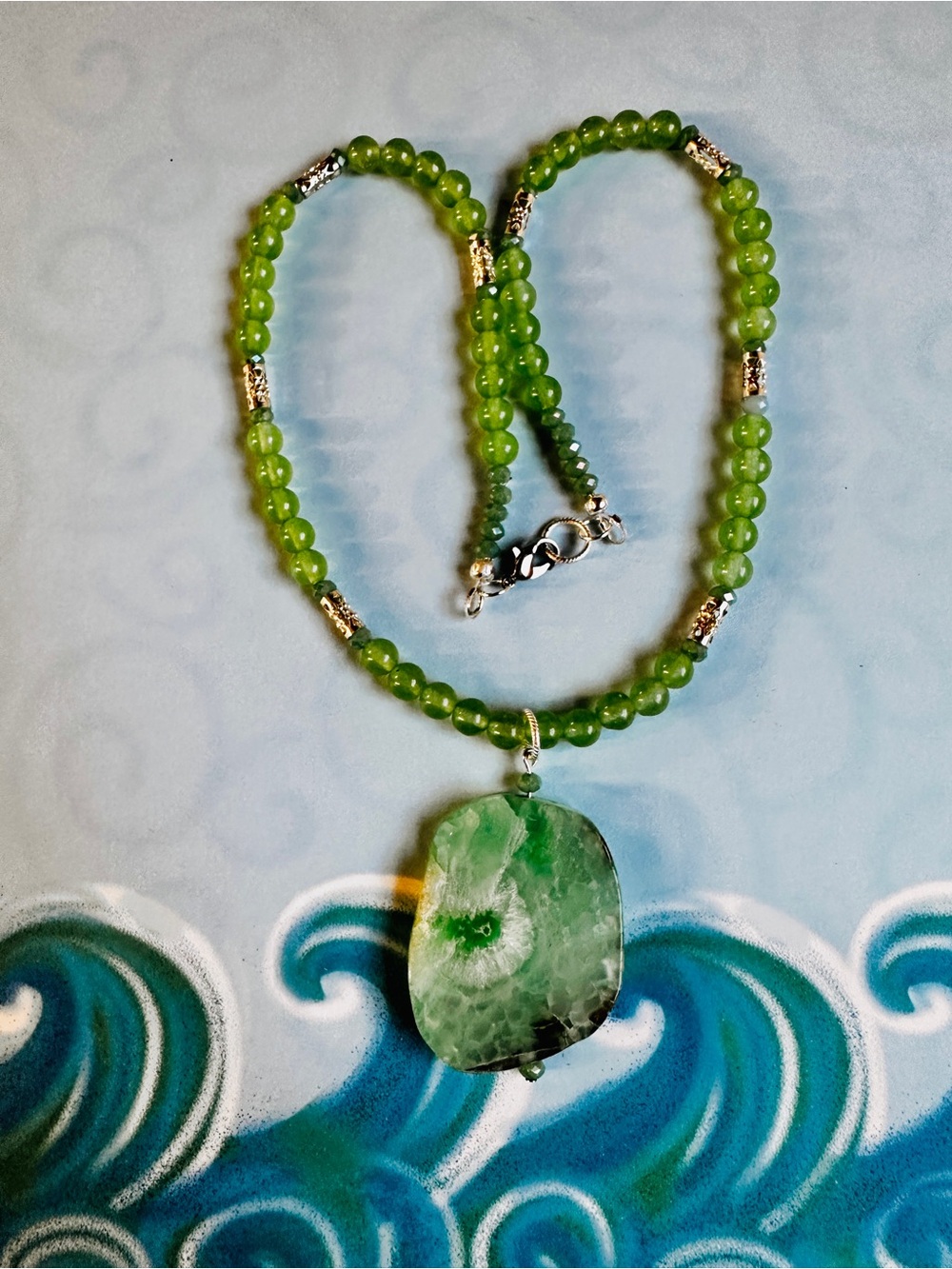 Hand Crafted Green Beaded Necklace with Green Agate Pendant